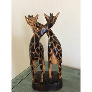 Hand Carved Giraffes, Entwined Pair, African Art, 12" Figurine Statue